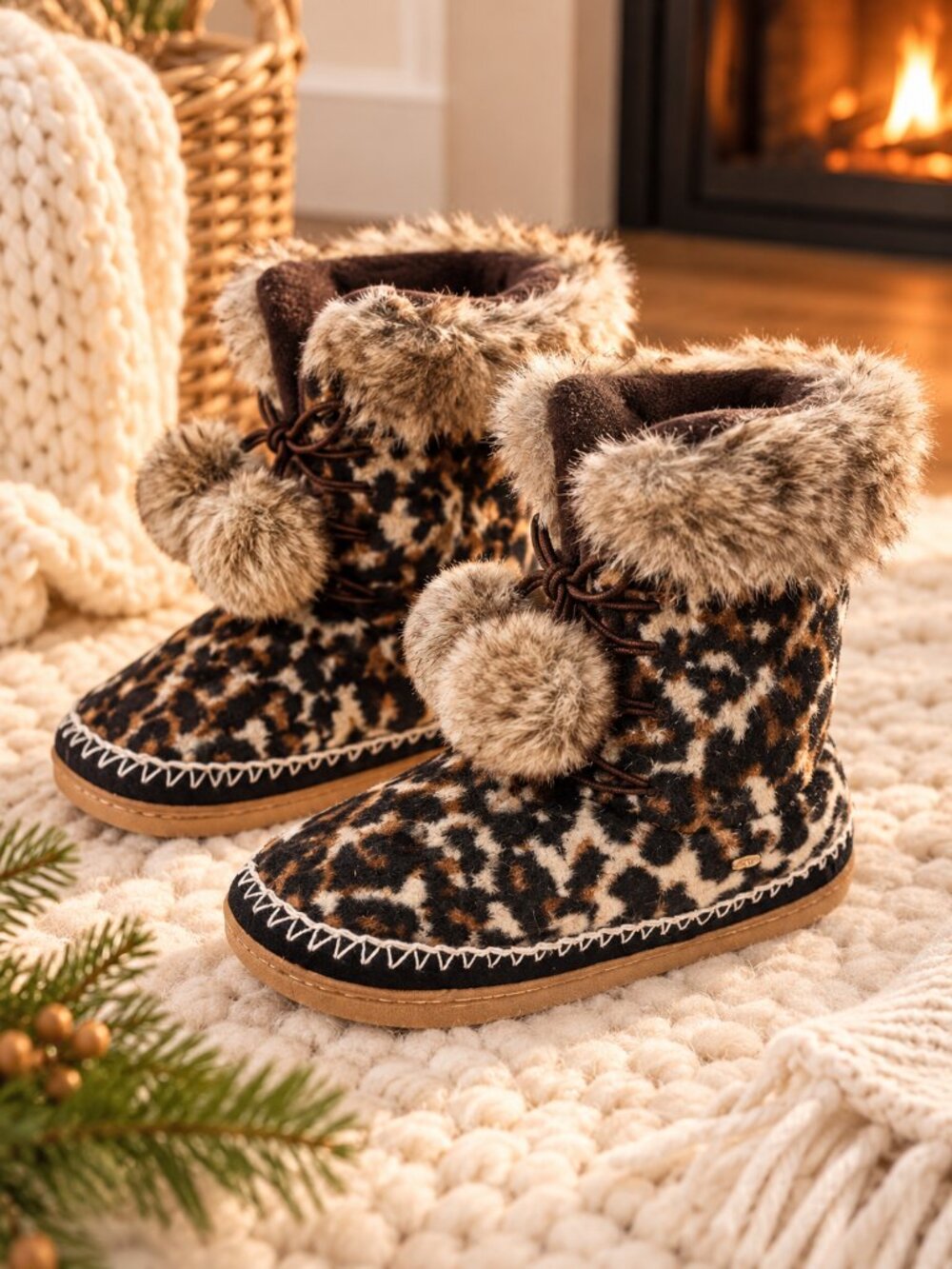 Kooba Leopard Print Faux Fur Pom Pom Slipper Boots Size L 8-9 NWT